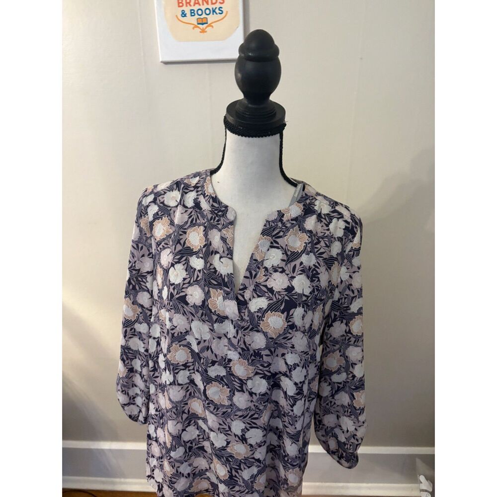Daniel Rainn S Floral Print Split V-Neck Roll Tab 3/4 Sleeve Blouse Navy Tan
